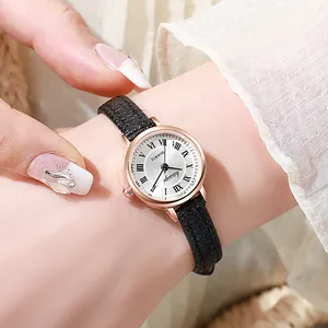 Reloj de cuarzo retro para mujer con correa de cuero negro y esfera romana de oro rosa