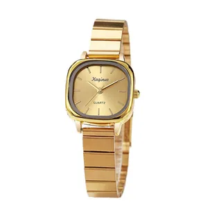 Elegant gold square quartz watch for women featuring a minimalist sunray dial and metal strap