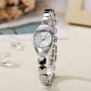 Elegant silver quartz watch for women with faceted metal band and crystal indices