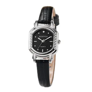 Elegant retro women's quartz watch with a silver tonneau case and black leather strap