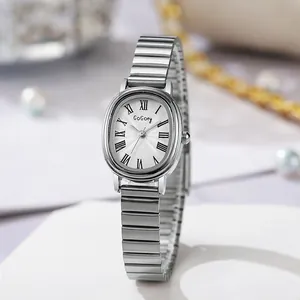 Elegant GoGoey women's quartz watch with oval silver dial and stainless steel band