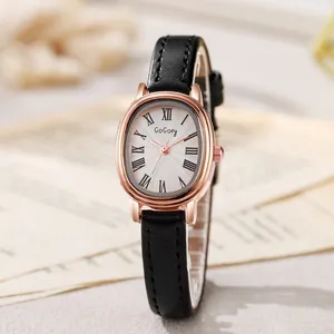 Montre quartz femme élégante avec boîtier ovale or rose et bracelet en cuir noir