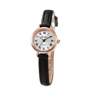 Reloj de cuarzo retro para mujer con caja de oro rosa, números romanos y cuero negro