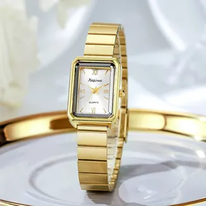 Elegante goldene Damenquarzuhr in Rechteckform mit römischen Ziffern und Edelstahlarmband