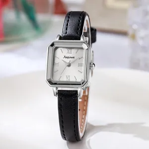 Elegant silver square quartz watch for women with black leather strap and Roman numerals