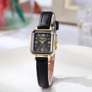 Montre à quartz carrée vintage pour femme avec bracelet en cuir noir et chiffres romains