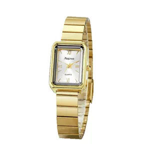 Elegante goldene rechteckige Quartzuhr für Damen mit stilvollem Metallarmband und Zifferblatt