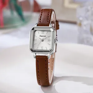 Elegant women's square silver watch with a brown leather strap and retro Roman numerals