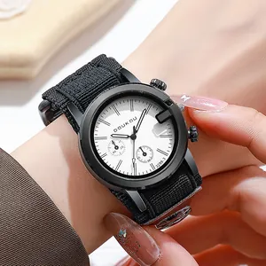 DOUKOU heren sporthorloge met witte wijzerplaat en zwarte nylon gevlochten band