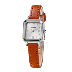 Minimalist square silver watch for women with brown leather strap and Roman numerals