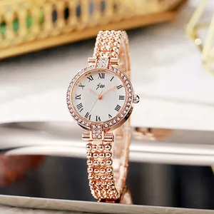 Luxury Women Alloy Rhinestone Wristwatch Roman Numerals Quartz Watch Elegant Beaded Bracelet Style Jewelry Timepiece Lady Gift