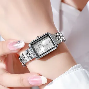 Elegant rectangular silver stainless steel quartz watch with Roman numerals for women