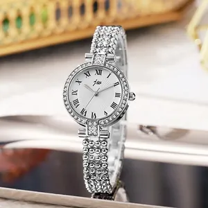 Elegant silver women's watch with rhinestone bezel and round Roman numeral dial