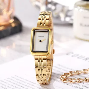 Luxury gold rectangular ladies watch with white dial and premium metal link strap