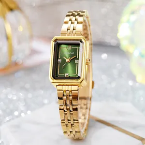 Elegant women's square gold watch with vintage green dial and five-link metal strap