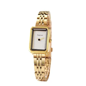 Elegant gold vintage rectangular steel band watch for women with a minimalist white dial