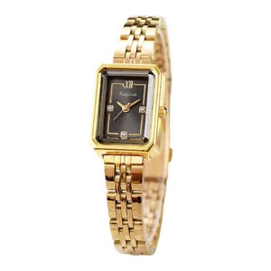 Elegant gold square quartz watch for women with deep grey sunray dial and metal band