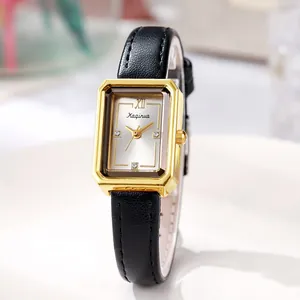 Elegant rectangular gold quartz watch with a black leather strap and Roman numeral XII