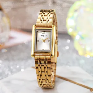 Elegante goldene Damen-Rechteckuhr mit weißem Zifferblatt und Premium-Stahlband