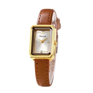 Vintage small square quartz watch for women with golden octagonal case and brown leather strap