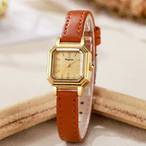Mini square gold quartz watch with brown leather strap for women, elegant retro style