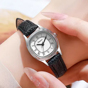 Vintage small oval quartz watch for women with silver case, Roman numerals and black leather strap