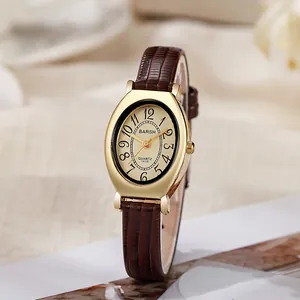 Dames Vintage Ovale Quartz Horloge Elegant Tonneau Wijzerplaat PU Leren Band Luxe Analoog Polshorloge Goud Roségoud Kast