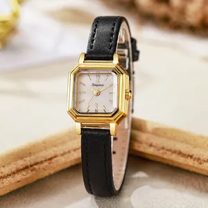 Mini square gold quartz watch for women with vintage black leather strap and white dial