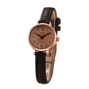 Vintage Roségold Quarzuhr für Damen mit schwarzem Lederarmband und Champagner-Zifferblatt
