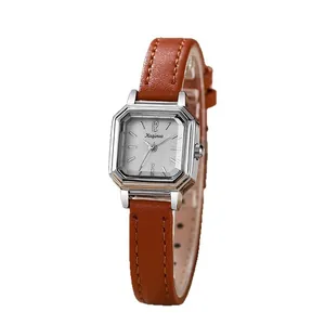 Mini square silver ladies watch with brown leather strap and octagonal steel case