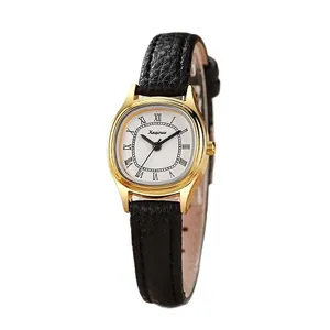 Vintage oval gold quartz watch for women with black leather strap and Roman numerals