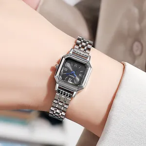 Elegant square silver stainless steel watch for women with black textured Roman numeral dial