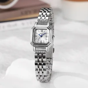Elegant women's square silver steel watch with roman numerals on a plush background