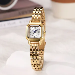 Elegant gold square watch for women with blue hands and roman numerals on white dial