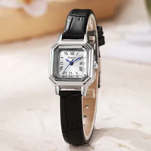 Vintage zilveren achthoekig dameshorloge met witte Romeinse wijzerplaat en leren band