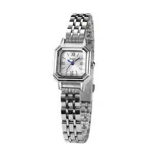 Elegant silver square watch for women with roman numerals and blue hands on white dial
