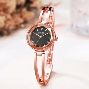 Detail of rose gold bracelet watch with black dial and crystal marker from LSVTR