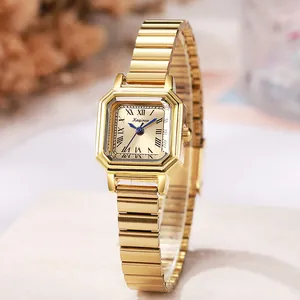 Vintage gold square watch for women with champagne dial and Roman numerals on elastic band