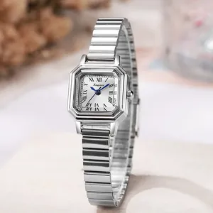 Vintage square ladies watch with silver stretch band and blue hands in a classic design