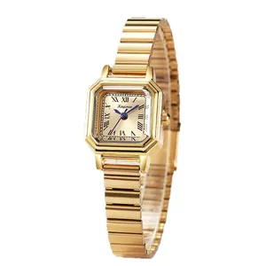 Classic retro square gold steel watch for women with Roman numerals by Kaqinuo