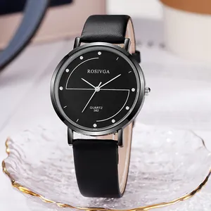 Elegant minimalistisch kwartshorloge met zwarte ronde wijzerplaat en leren band voor studenten