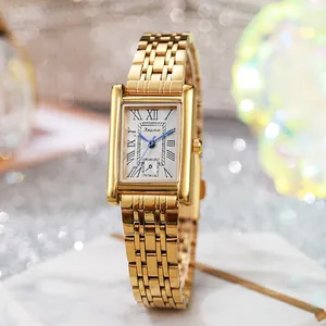Luxe Dames Vierkant Quartz Horloge Legering Kast Stalen Band Romeinse Cijfers Blauwe Wijzers Polshorloge Business Jurk Horloge