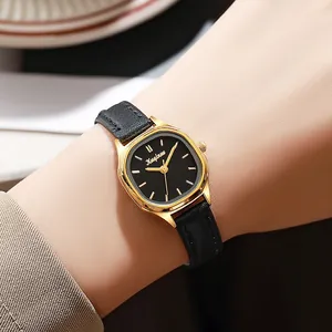 Elegant vintage small dial women quartz watch with gold case and black leather strap