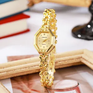 Vintage Elegant Damen Quarz Armbanduhr Achteckiges Zifferblatt Strass Akzente Gold Silber Metallkette Exquisite Mode Schmuck Uhr Für Damen