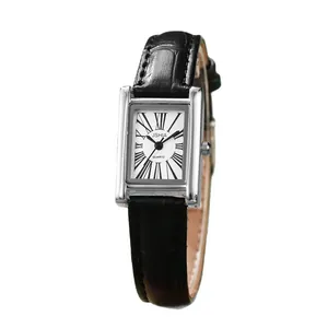 Elegant ladies vintage rectangular quartz watch with silver case and black leather strap