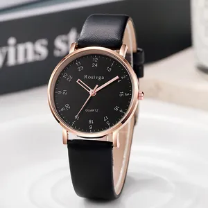 Minimalist quartz watch with black leather strap and rose gold case for men and women