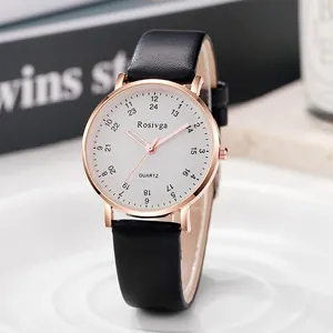 Minimalist Quartz Watch For Women Men Rose Gold Alloy Case PU Leather Strap Casual Student Wristwatch With Dual Time Scale Dial