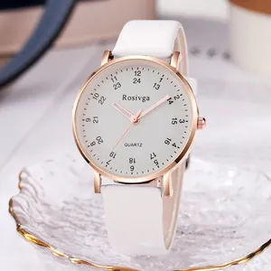 Detail of minimalist quartz watch with white leather strap and rose gold metal casing