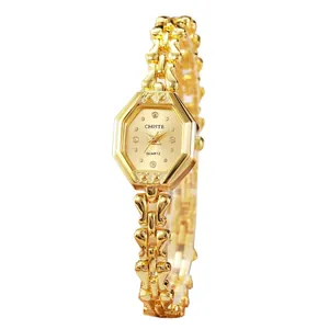 Elegante goldene Damen-Quarzuhr mit achteckigem Gehäuse und hohlem Armband