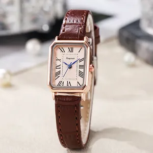 Dames Vintage Rechthoekig Kwartshorloge Romeinse Cijfers Wijzerplaat Blauwe Wijzers Krokodillenpatroon Leren Band Polshorloge